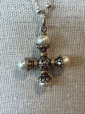 Konstantinos Pearl Accent Cross Pendant Necklace — Silver and Gold
